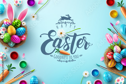 Easter poster and banner template with Easter eggs in the nest on light green background.Greetings and presents for Easter Day in flat lay styling.Promotion and shopping template for Easter
