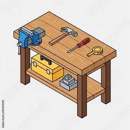 Wooden Workbench with Tools and Equipment.