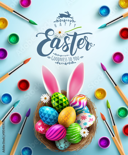Poster of Easter in Painting Easter eggs concept with bursh, a lot of bottles poster color and Easter eggs in the nest on light blue background. Greetings and presents for Easter Day