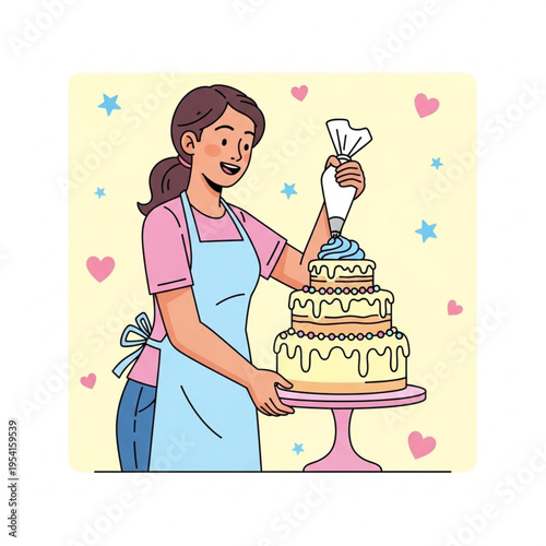 Woman Decorating Wedding Cake.