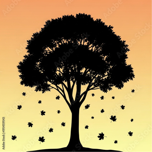 Silhouette of Tree with Falling Leaves.