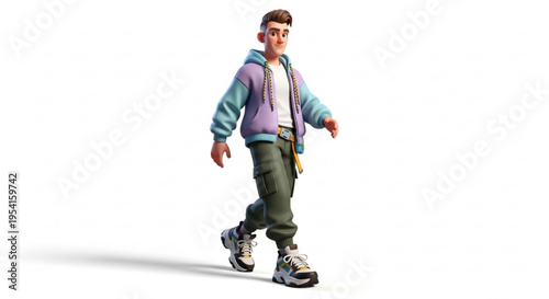 A young man walking in a casual outfit with a colorful jacket and sneakers