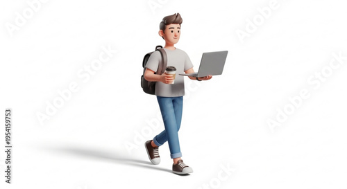 A young man walks while holding a laptop and coffee cup with a backpack on