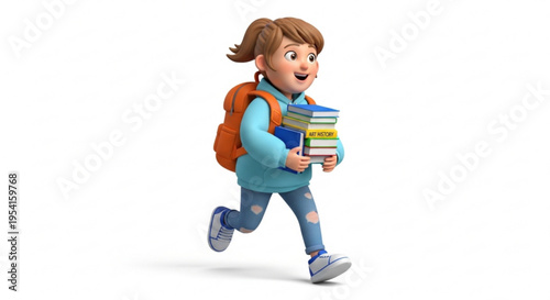 A cheerful cartoon girl running with a stack of books and a backpack on her back