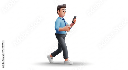 A cartoon man walking while holding a smartphone and a cup of coffee in a modern and minimalist style