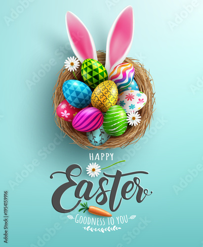 Easter poster and banner template with Easter eggs in the nest on light green background.Greetings and presents for Easter Day in flat lay styling.Promotion and shopping template for Easter
