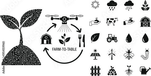 A collection of black and white icons illustrates the concept of modern farm-to-table technology, including drones and digital agriculture.