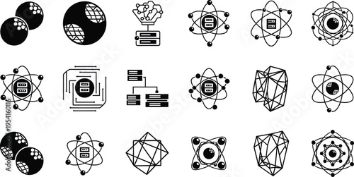 A collection of black and white line icons represents abstract structures, atomic models, and data processing elements on a white background.