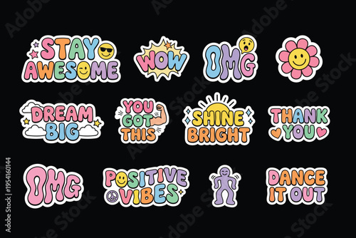 Cute Motivational Typography Stickers with Positive Quotes, Kawaii Cartoon Text and Colorful Letters