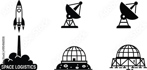 A set of icons features a launching rocket, satellite dishes, and geodesic domes representing the theme of space logistics and extraterrestrial communication.
