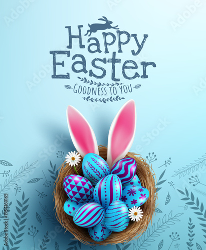 Easter poster and banner template with Easter eggs in the nest on light blue background.Greetings and presents for Easter Day in flat lay styling.Promotion and shopping template for Easter