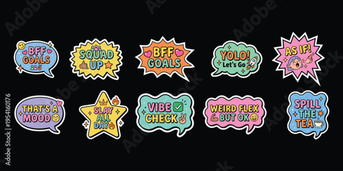 Trendy Gen Z Chat Bubble Stickers with Slang Phrases, Pop Art Speech Bubbles and Kawaii Typography