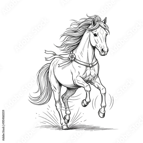 An elegant black and white sketch of a horse with a flowing mane and tail, adorned with a ribbon, in a dynamic pose