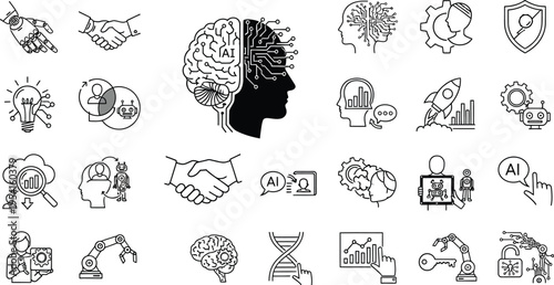 A large set of black and white outline icons depicts advanced artificial intelligence concepts including robotics, data analysis, and machine learning integration.