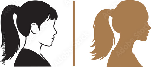 Side-profile vector illustrations of two women with ponytails. The left features a black hair outline with a white face; the right is a solid gold silhouette. Minimalist and professional.