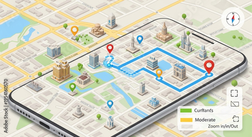 Smartphone Navigation App Interface with Route and Points of Interest.