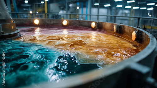 Looking down into a massive industrial solvent extraction tank in a refinery, swirling layers of strange, unnatural chemical colors like neon green, murky orange, and oily browns s