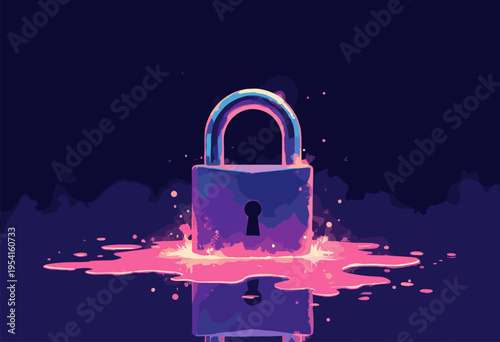 conceptual flat massive, heavy iron padlock that has melted into glowing, neon puddle liquid Removing friction concept High contrast graphic style Solid dark background Ample space text