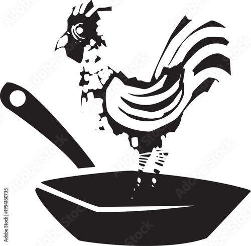 Woodcut expressionist style image of a Chicken in a frying Pan