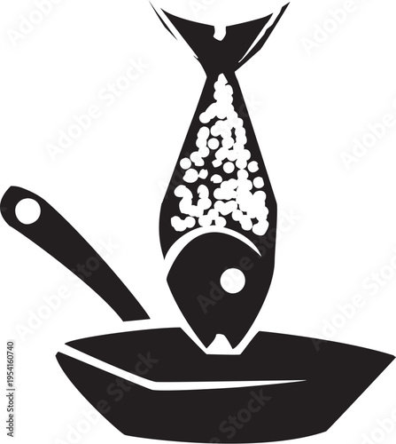 Woodcut expressionist style image of a Frying Fish over a pan