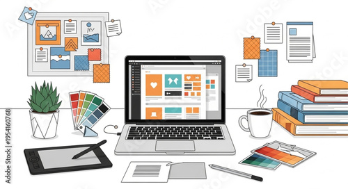 Workspace with Laptop, Graphics Tablet, and Design Elements for Creative Projects.