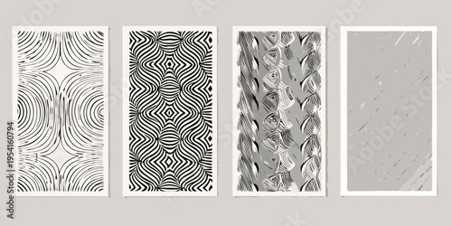 Abstract botanical line art prints arranged in a four panel grid