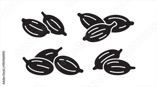 Cocoa pod silhouettes black vector set cacao fruit icons minimalist chocolate design