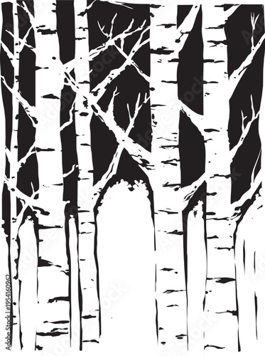 Woodcut expressionist style image of a Aspen Trees