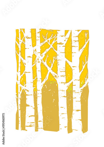 Woodcut expressionist style image of a Aspen Trees in Autumn