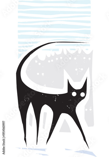 Woodcut expressionist style image of a Night Cat walking