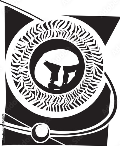 Woodcut expressionist style image of a Solar Face