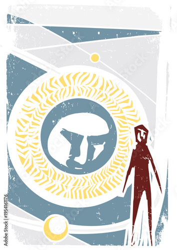 Woodcut expressionist image of a Mid century style Science Fiction Cover