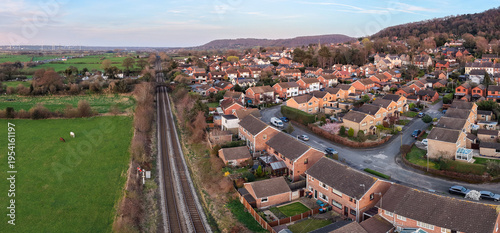 Aerial Panoramic View of Railway Tracks and Suburban Housing in Helsby, England