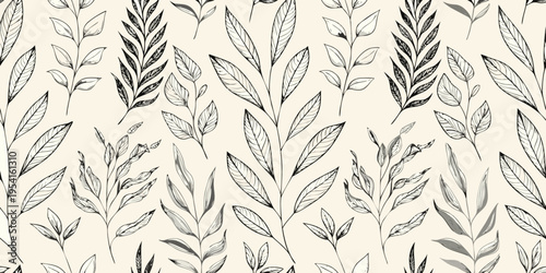 Delicate botanical illustration featuring various sketched leaves on a beige background