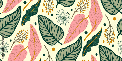 A seamless pattern featuring stylized tropical leaves and delicate floral elements