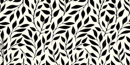 Seamless pattern of black leaves and slender stems on a white background