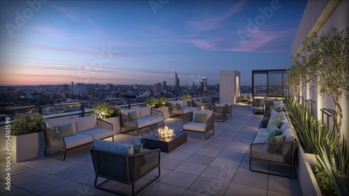 A rooftop patio with modern furniture and city skyline at dusk