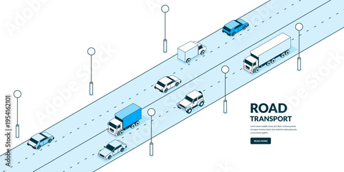 Vector 3d isometric illustration of road with trucks and cars. Transport, logistics and delivery design elements