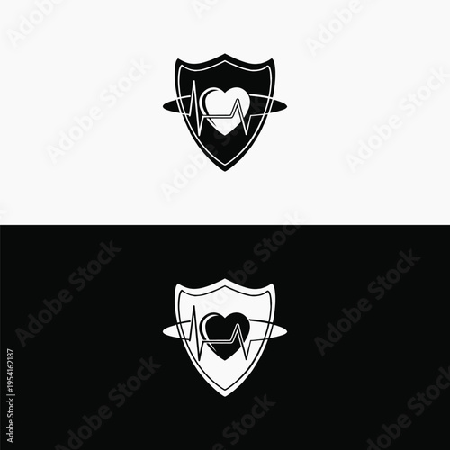 A streamlined shield icon elegantly secures a vibrant heart with an active heartbeat, complemented by a graceful orbital line, emphasizing continuous health monitoring.