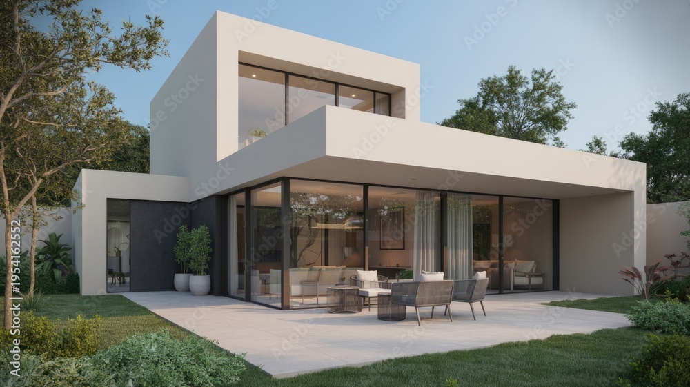 Fototapeta premium A modern white house with a large glass window and a patio area