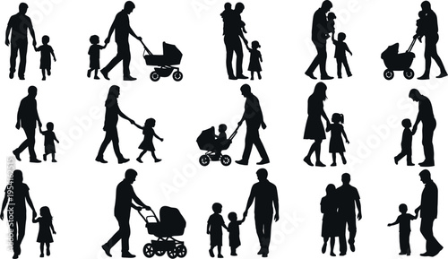 Collection of black silhouettes of adults and children isolated on transparent background