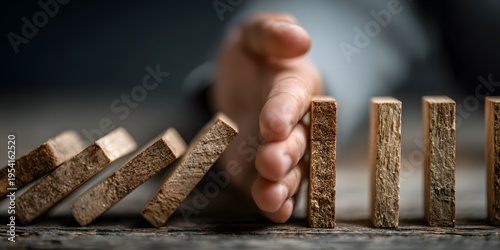 A focused human hand intervenes to prevent a critical chain reaction of wooden blocks from collapsing completely on a dark textured surface indoors illustrating crisis management