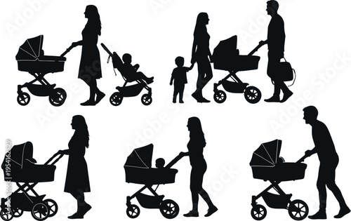 Silhouette of parents and caregivers pushing strollers isolated on transparent background