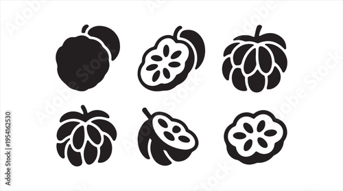 Custard apple silhouettes black vector set sugar apple tropical fruit icons minimalist design