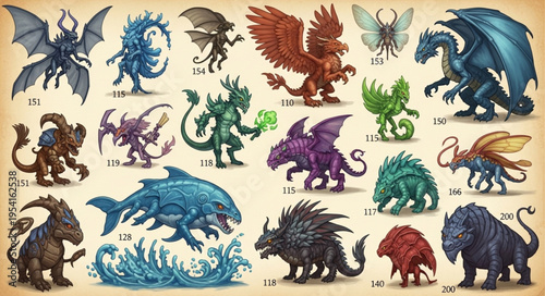 Collection of fantasy creatures and mythical beasts.