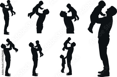 Silhouette of a man lifting a woman in various dance poses isolated on transparent background
