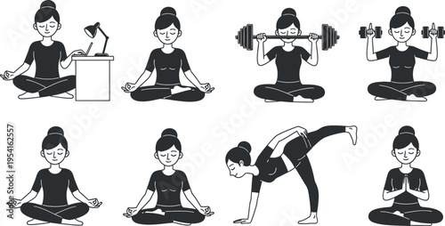 Silhouette of a woman performing various yoga and fitness poses isolated on transparent background