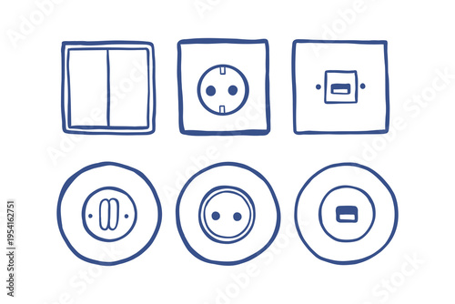 Hand drawn electrical socket and light switch vector icons set. Minimal blue line art illustration of wall outlets and switches isolated on white background. Home electricity and power concept.