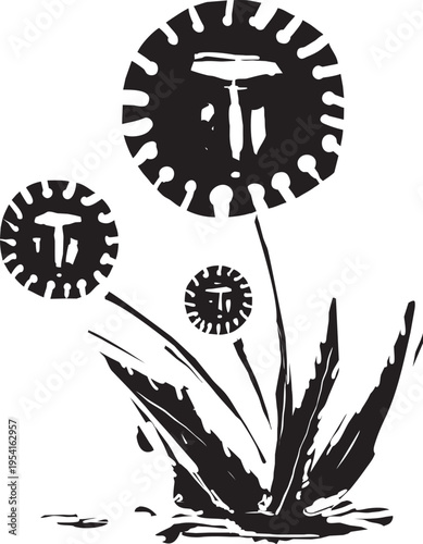 Woodcut expressionist style image of  a Dandelion Covid Face