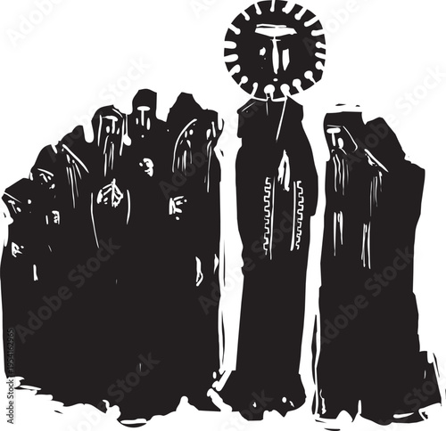 Woodcut expressionist style image of a religious Covid Saint